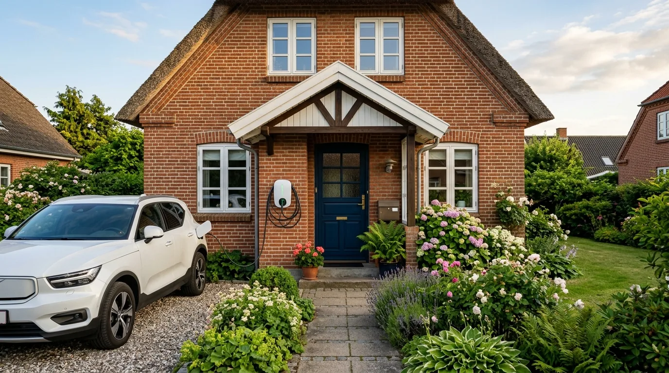 Ladestander tilsluttet elbil i carport ved dansk villakvarter