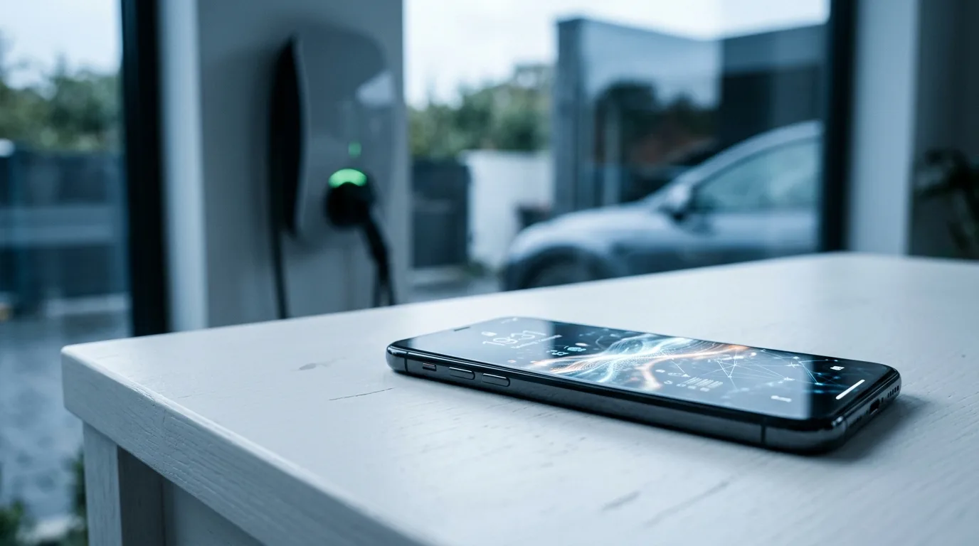 Smartphone med ladestander-app der viser opladningshistorik og forbrugsgraf