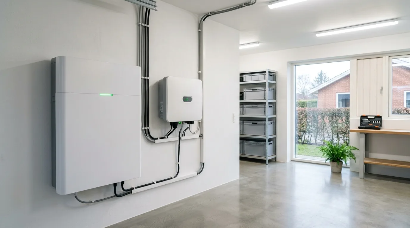 Vægmonteret hjemmebatteri i teknisk rum ved siden af solcelle-inverter og ladestander-controller i dansk parcelhus