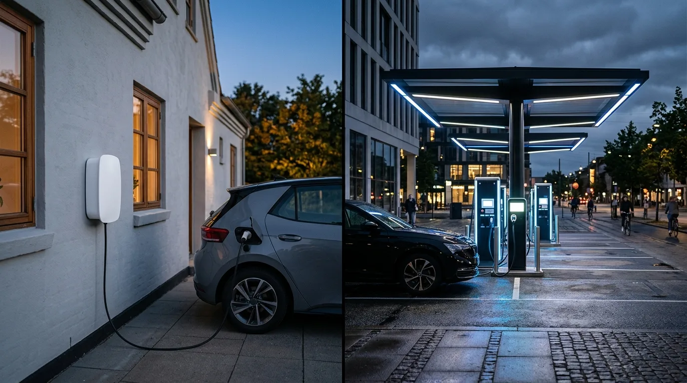 Sammenligning af hjemmeladestander og offentlig hurtiglader ved motorvej