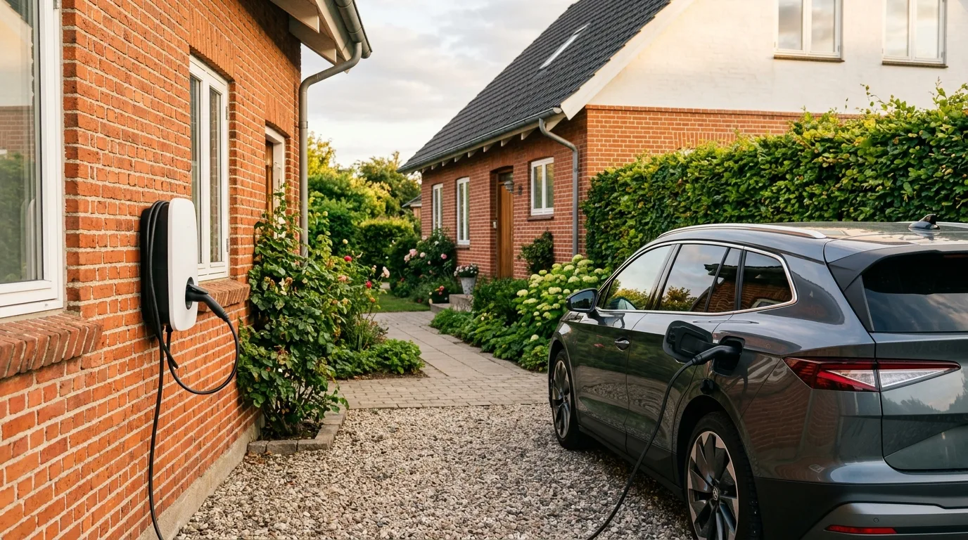 Moderne dansk parcelhus med vægmonteret ladestander og elbil i carport