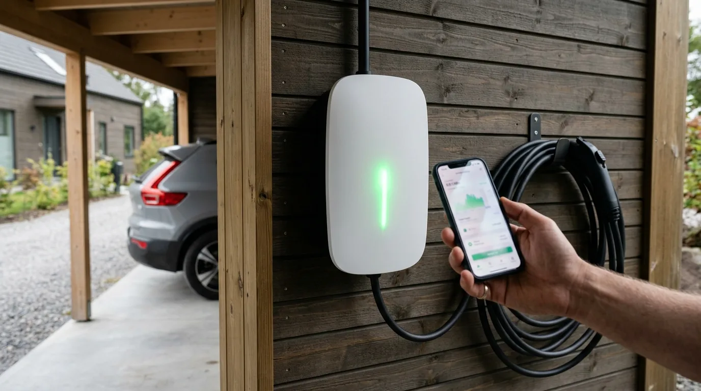 Smartphone med elbil-ladeapp ved siden af nyinstalleret ladestander i carport