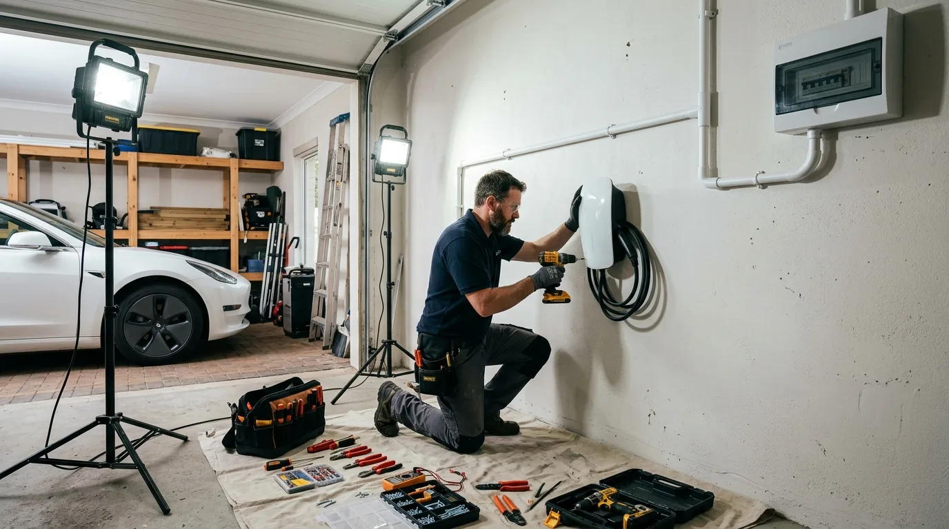 Elektriker tilslutter kabler i eltavle under installation af ladestander i dansk hjem