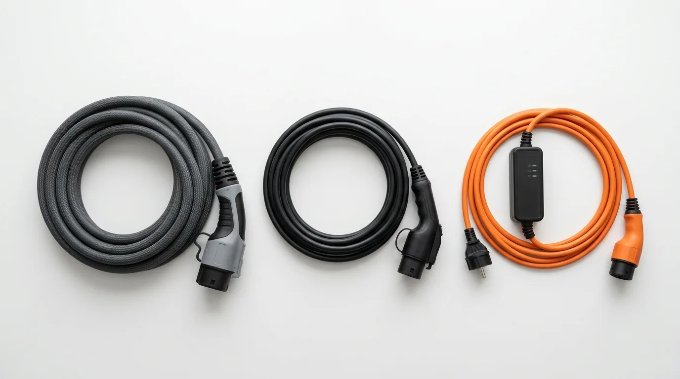 Type 2 ladekabel oprullet ved hjemmeladestander i garage hos dansk parcelhus