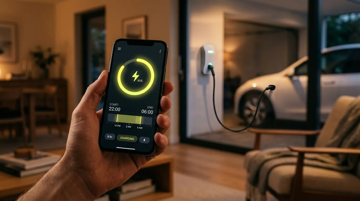 Person styrer ladestander via smartphone-app mens elbil lader i carport