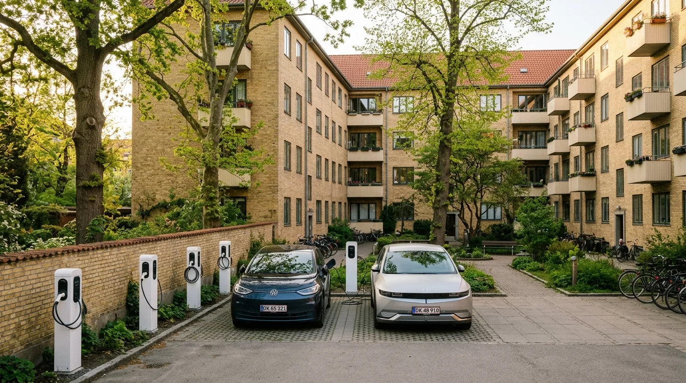 Ladestandere ved parkeringsareal foran dansk andelsboligforening med elbiler