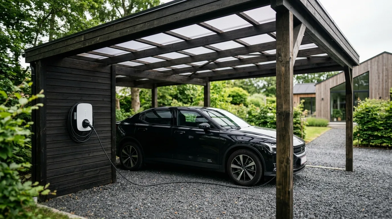 Smart ladestander monteret på indersiden af carport-væg med elbil tilkoblet