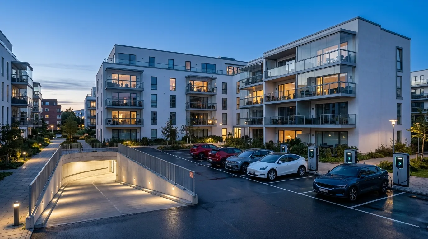 Ladestandere på parkeringsareal i moderne ejerforening med elbiler