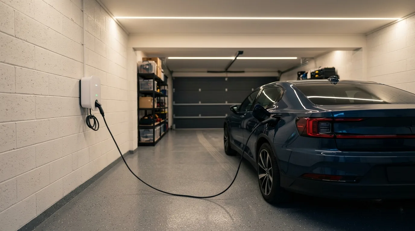 Ladestander monteret på garage-indervæg med elbil parkeret og kabel tilkoblet