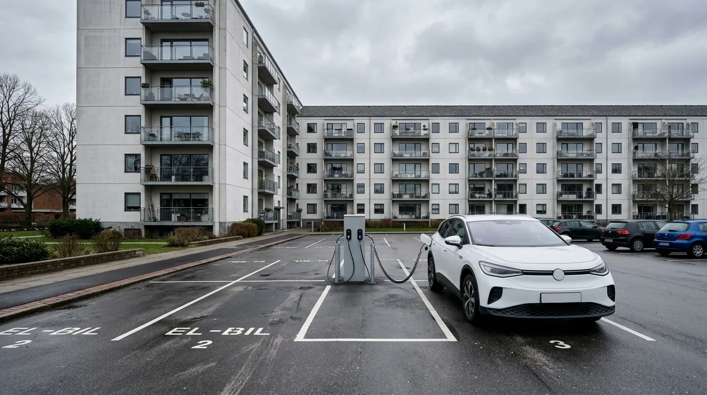 Ladestander ved parkeringsplads i etageejendom med elbil tilkoblet