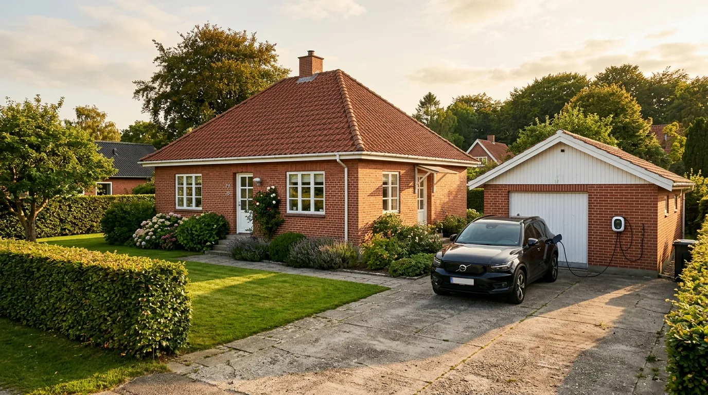 Vægmonteret ladestander på murstensmur ved dansk parcelhus med elbil i indkørsel