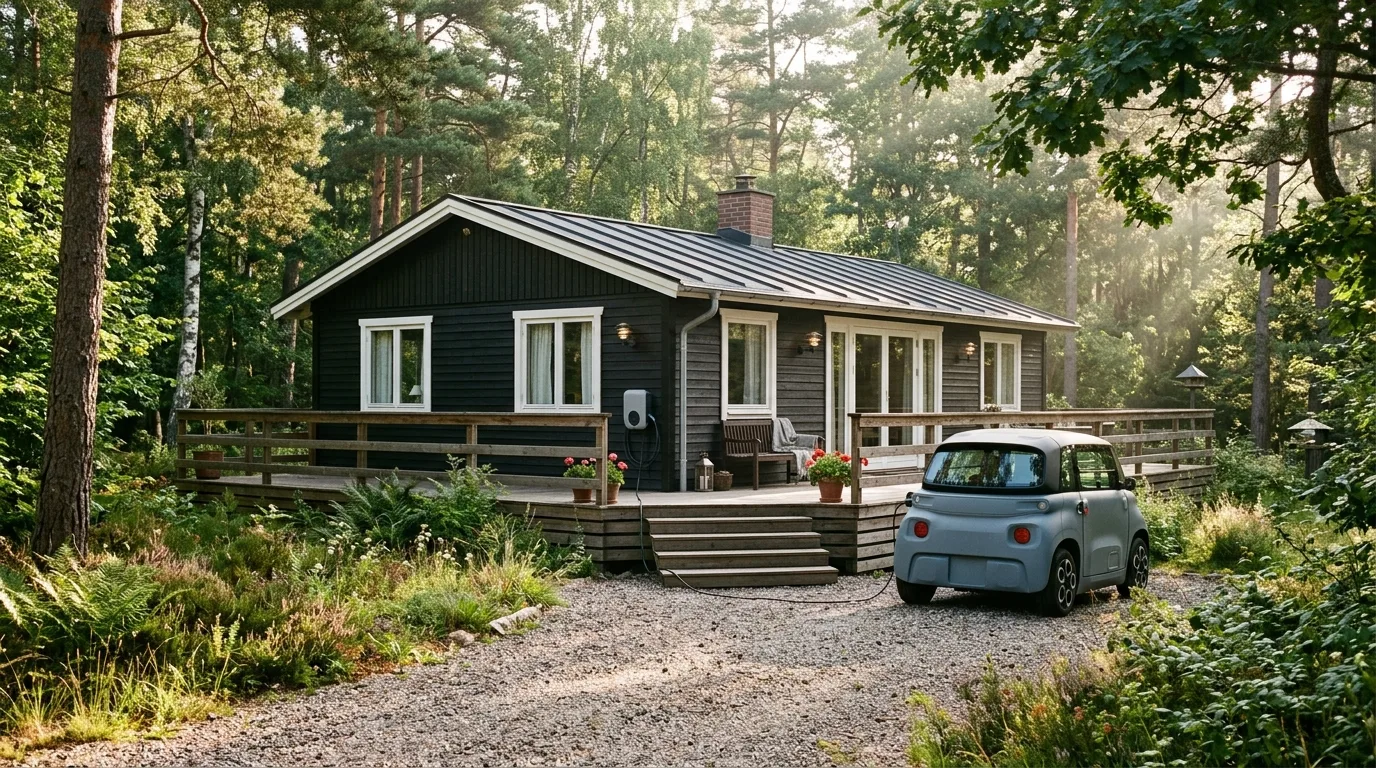 Vejrfast ladestander monteret på træfacade ved dansk sommerhus i skovlysning