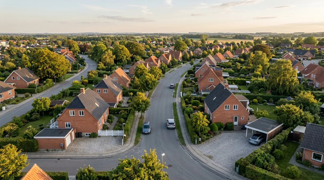 Elbil holder ved hus i ældre villakvarter med ladestander på indkørsel