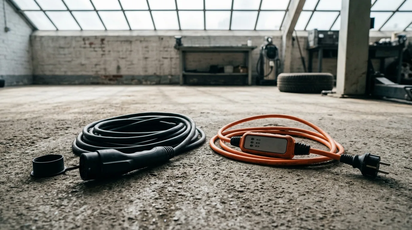 Mode 3 hjemmeladestander fast installeret på husmur ved siden af elbil i carport