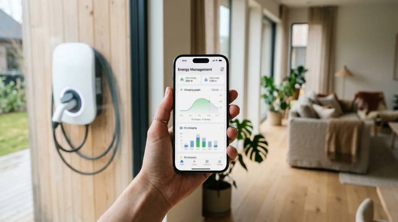 Smartphone med Monta-app der viser ladestanderens status og forbrugsstatistik