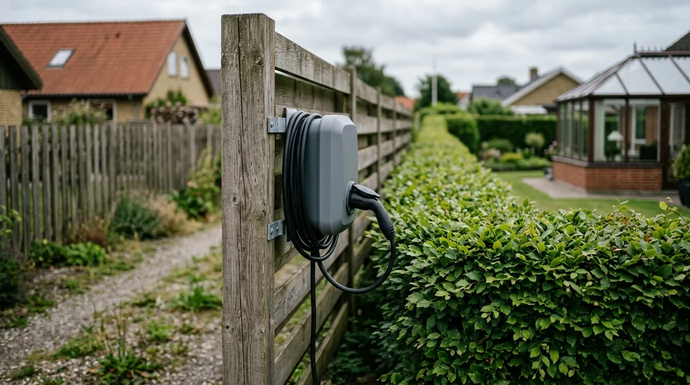 Ladestander monteret diskret ved hegn mellem to parcelhuse i dansk forstad