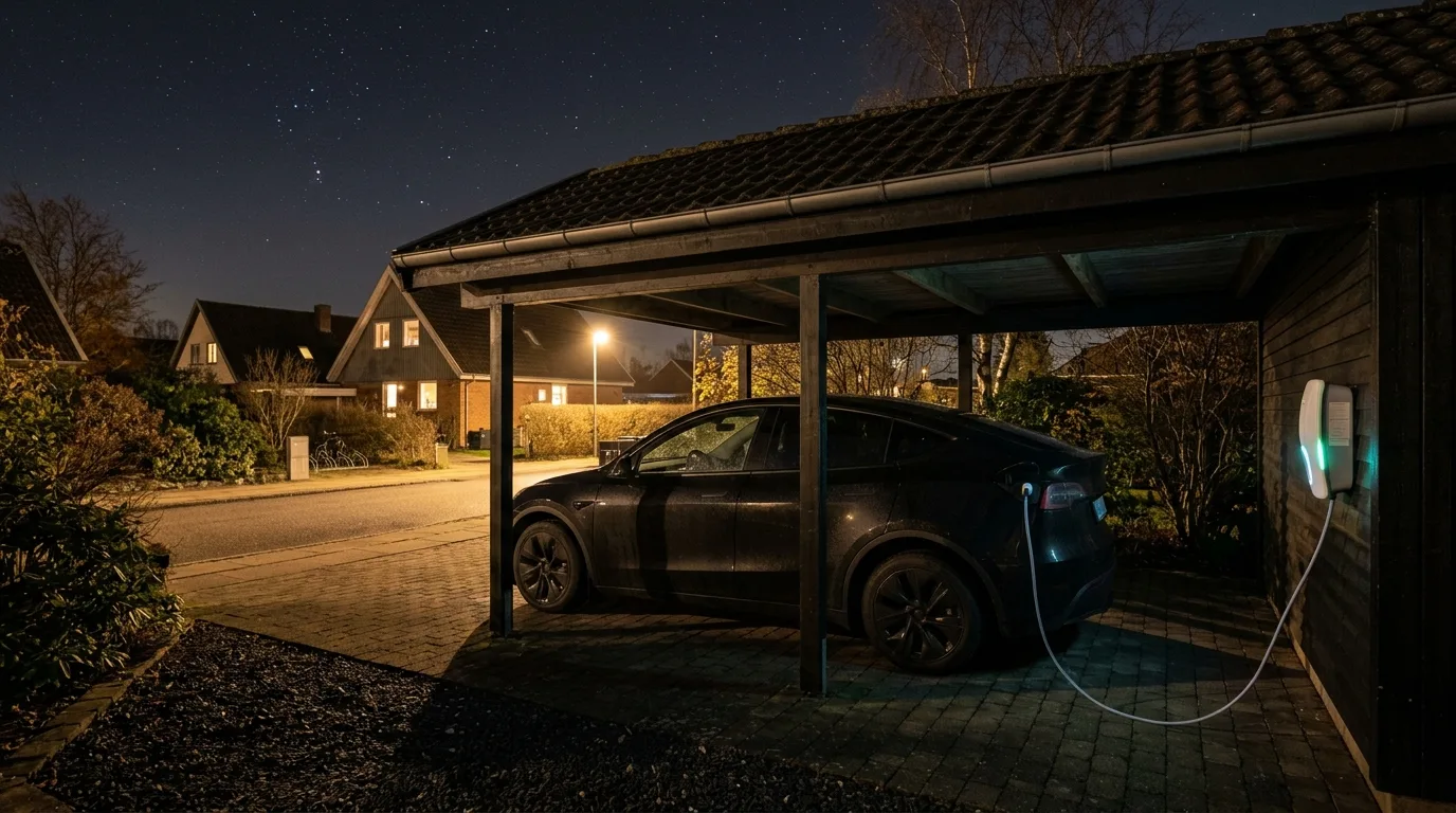 Elbil oplader stille natten over via hjemmeladestander i dansk carport