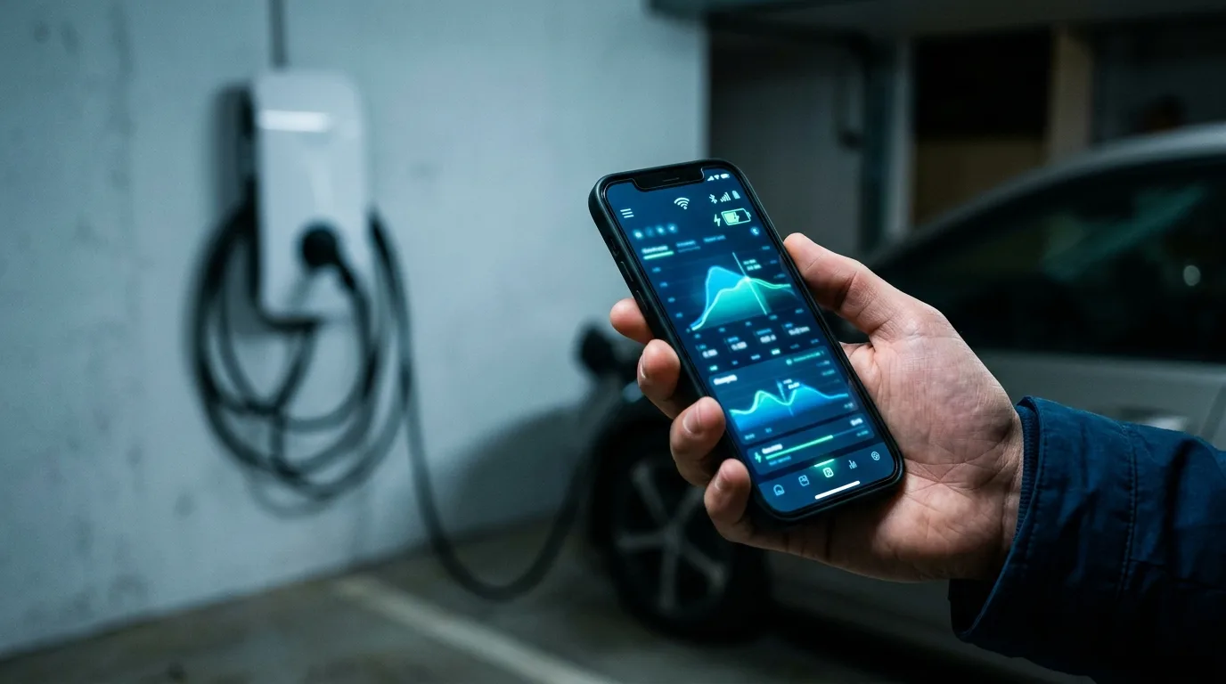 Smart hjemmeladestander med app-interface der viser OCPP-forbundet ladestatus på dansk parcelhus