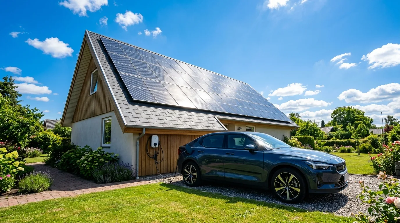Solceller på hustak med overskudsproduktion-pil der går ned til elbil ved ladestander i haven