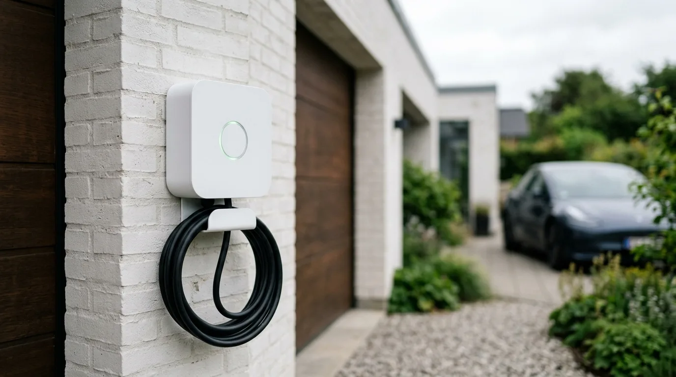11 kW ladestander monteret på hvid garage-mur ved dansk parcelhus