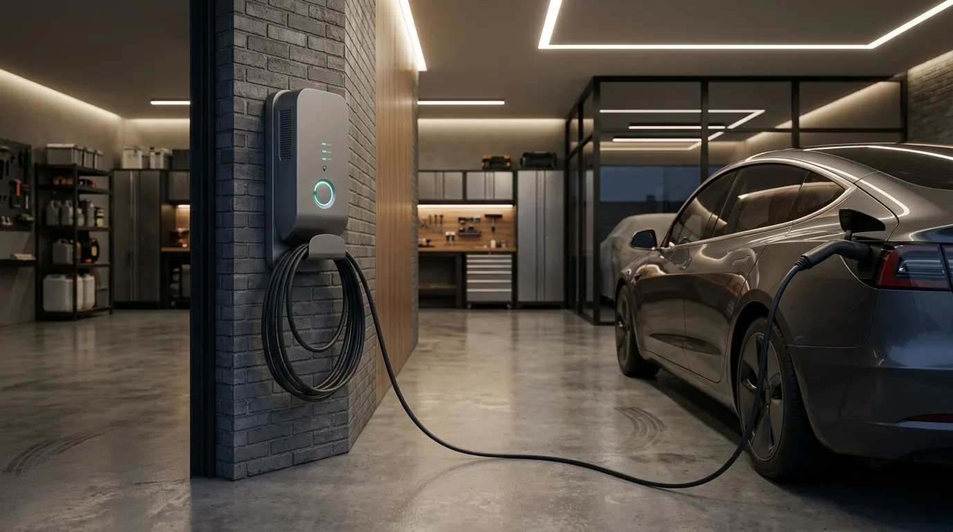 Premium 22 kW ladestander installeret i garage med Tesla tilsluttet