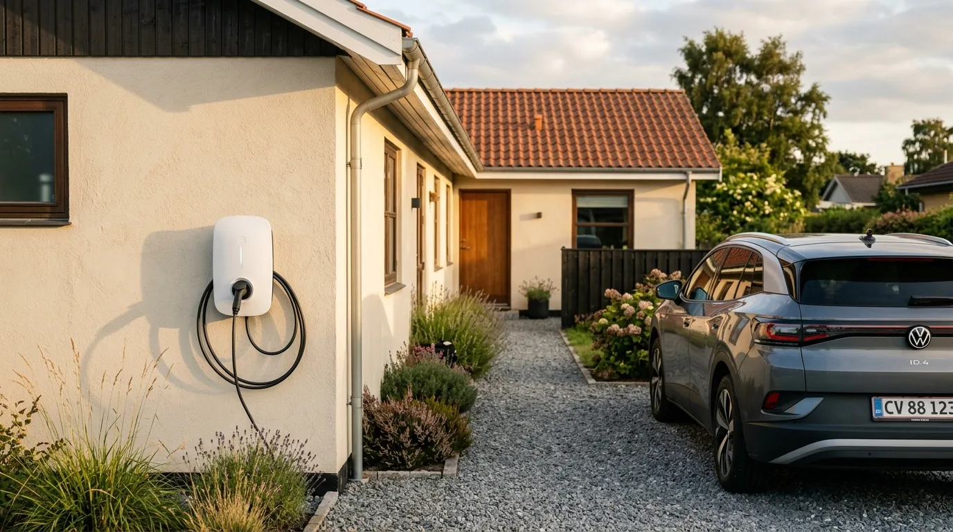 Elinstallatør monterer ladestander på mur ved parcelhus med elbil på indkørslen