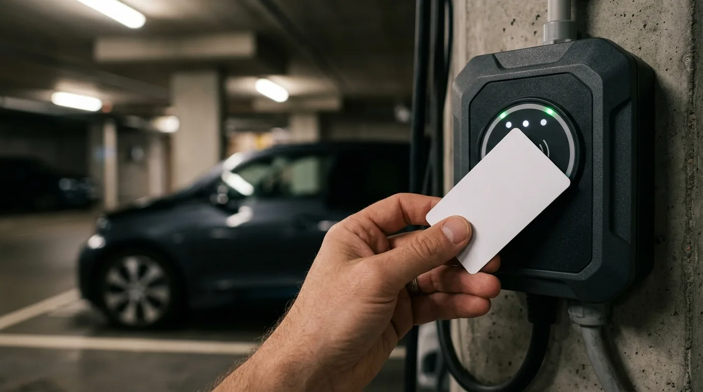 Person holder RFID-kort op mod ladestander for at starte opladning af elbil