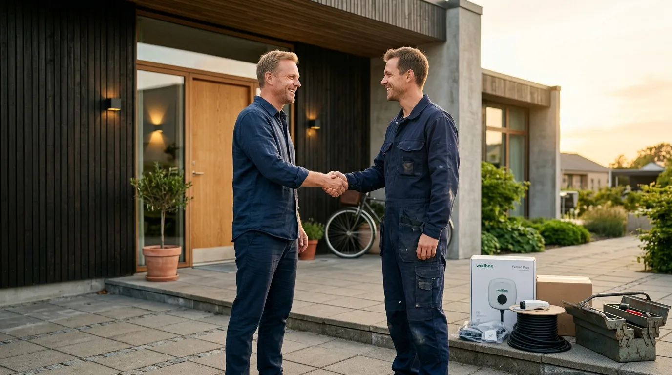 Elektriker i arbejdstøj monterer ladestander i garage ved dansk parcelhus