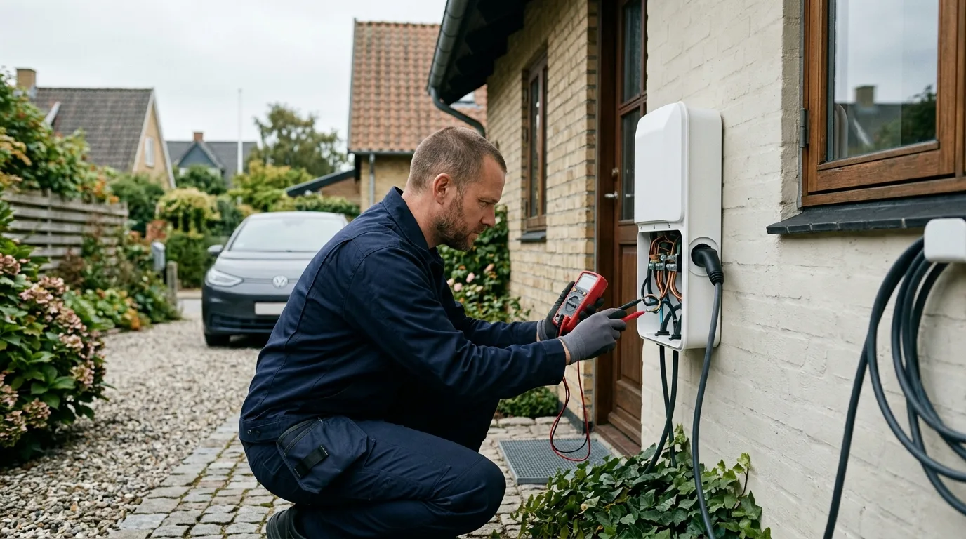 Tekniker i Clever- eller servicetøj tjekker ladestander-installation ved dansk hus