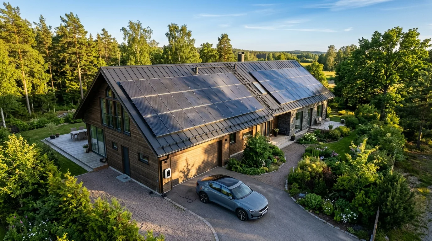 Solceller på hustak med strømpil ned til ladestander og elbil på oprit — sol-styret opladning visualisering