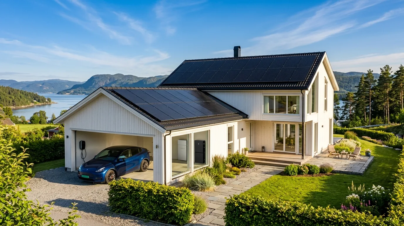 Moderne dansk energihjem med solceller på tag, hjemmebatteri i garage og elbil ved ladestander