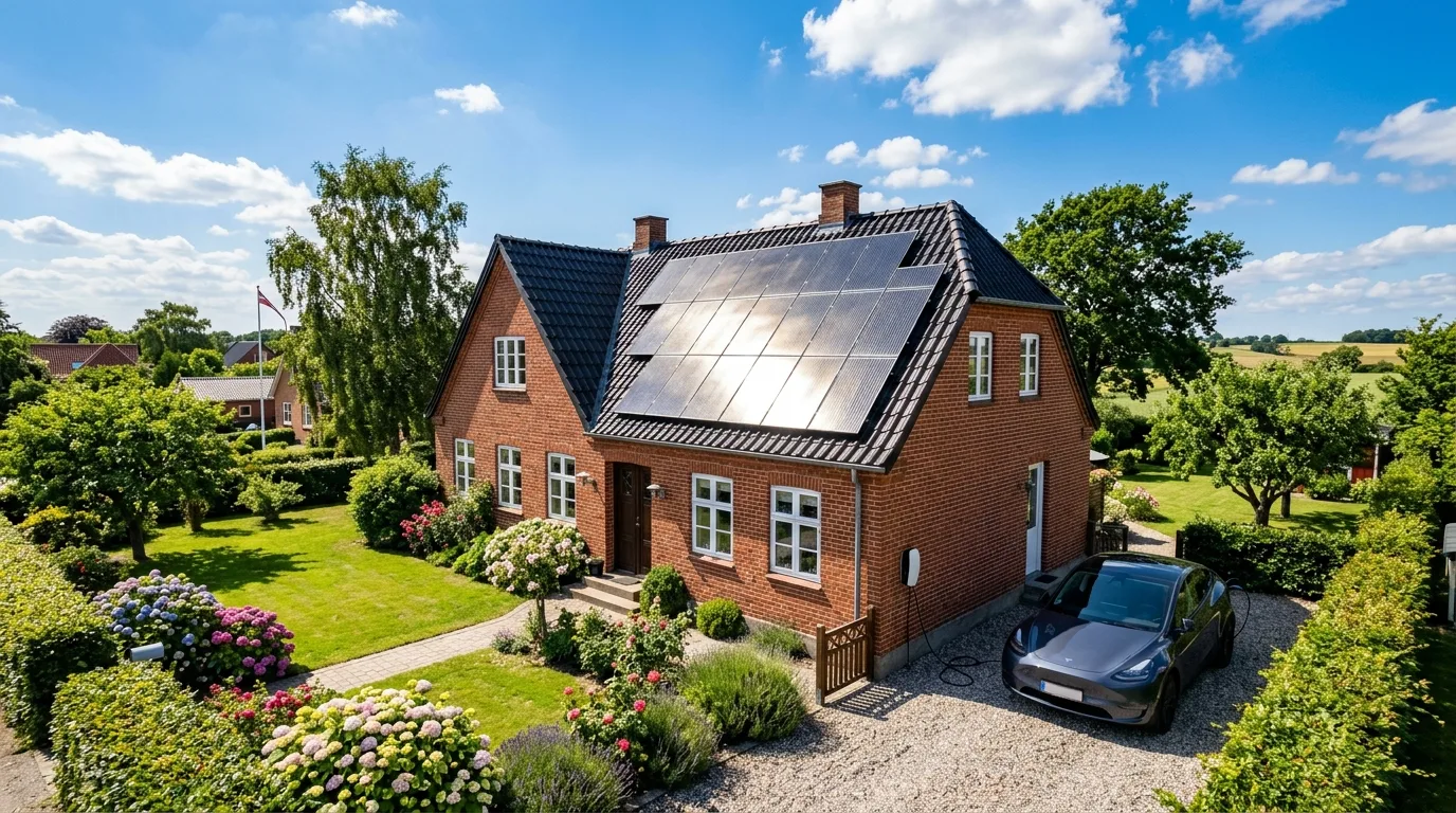 Dansk parcelhus med solceller på tag og elbil tilsluttet ladestander i indkørsel på solskinsdag