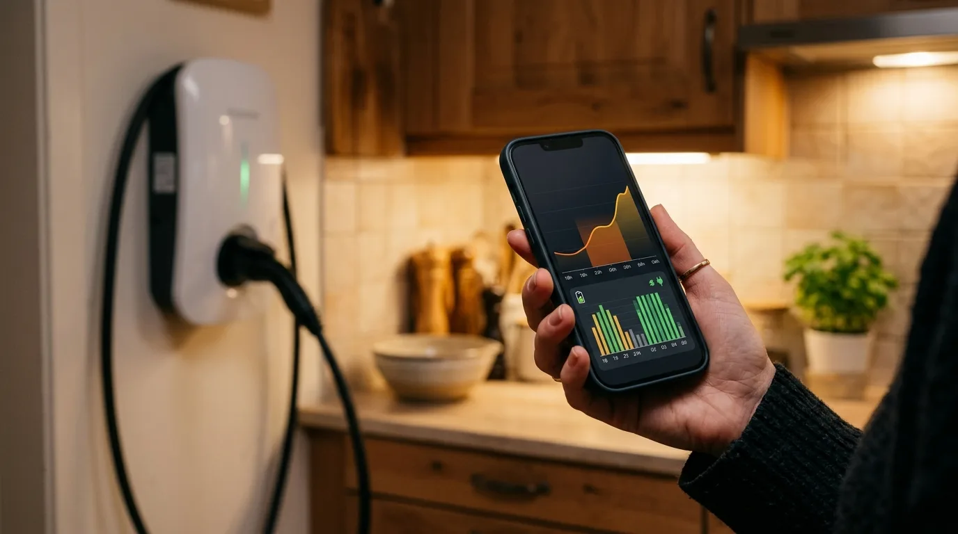 Smartphone med Tibber app der viser spotpris-kurve og planlagt elbil-opladning