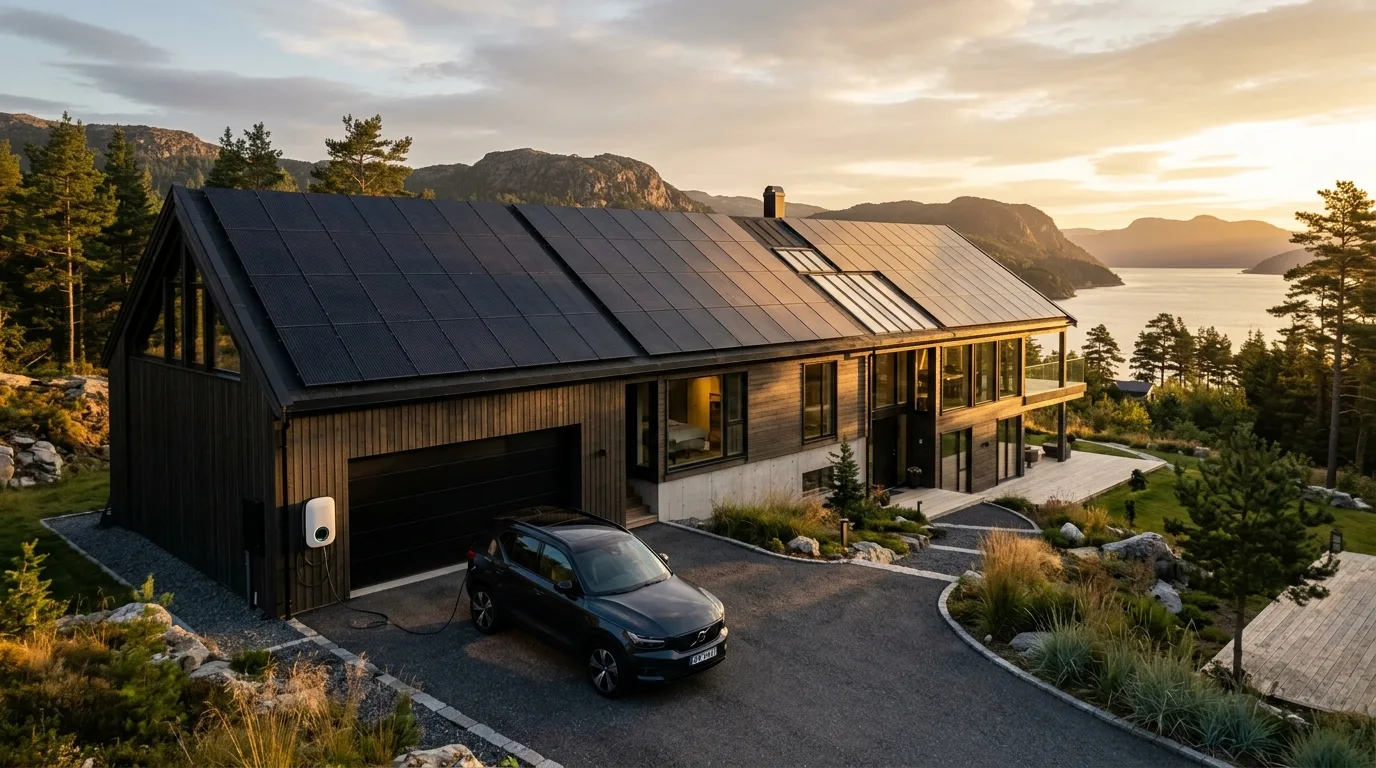 3-fase inverter og 22 kW ladestander installeret i teknisk rum hos dansk villa med solceller