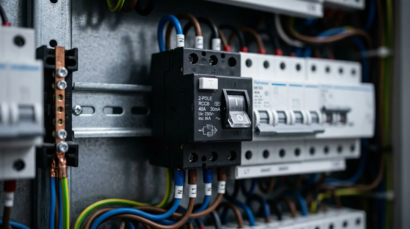 Elektrisk tavle med Type B fejlstrømsafbryder monteret til ladestander i dansk parcelhus