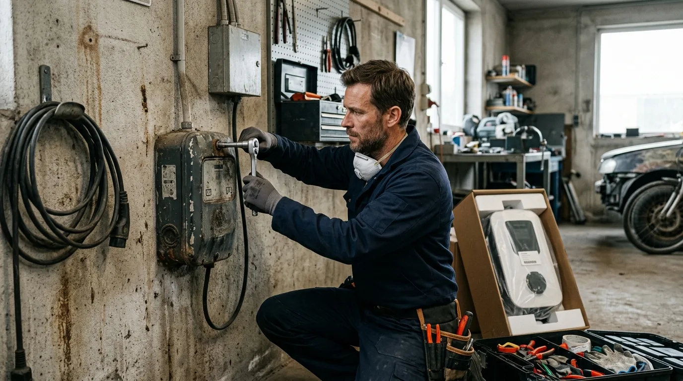Elektriker demonterer gammel defekt ladestander fra garagevæg