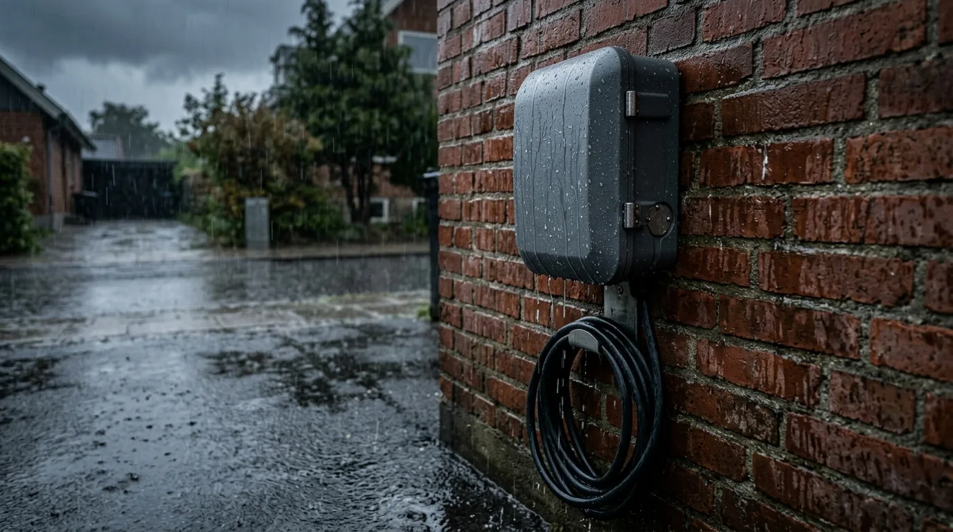 Udendørs ladestander med IP65-mærkat monteret på husmur i regn i Danmark
