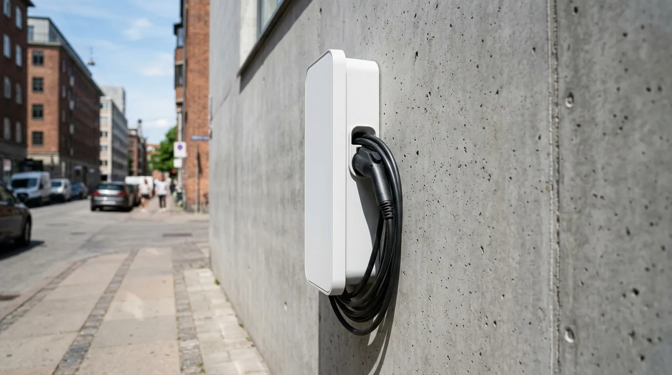 Kompakt sort Wallbox Pulsar Plus monteret på hvid garagevæg med tilsluttet kabel