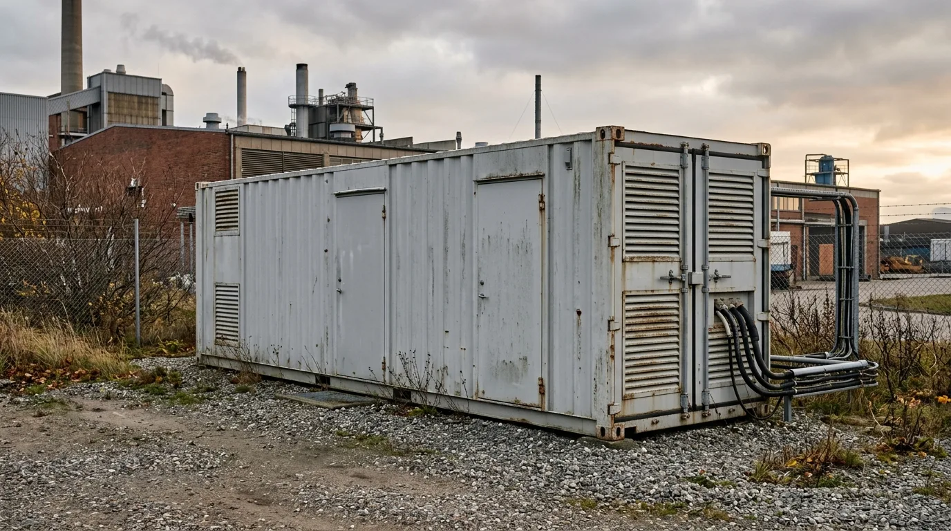 Vejret batteri-container i dansk industriområde med mærker fra års drift