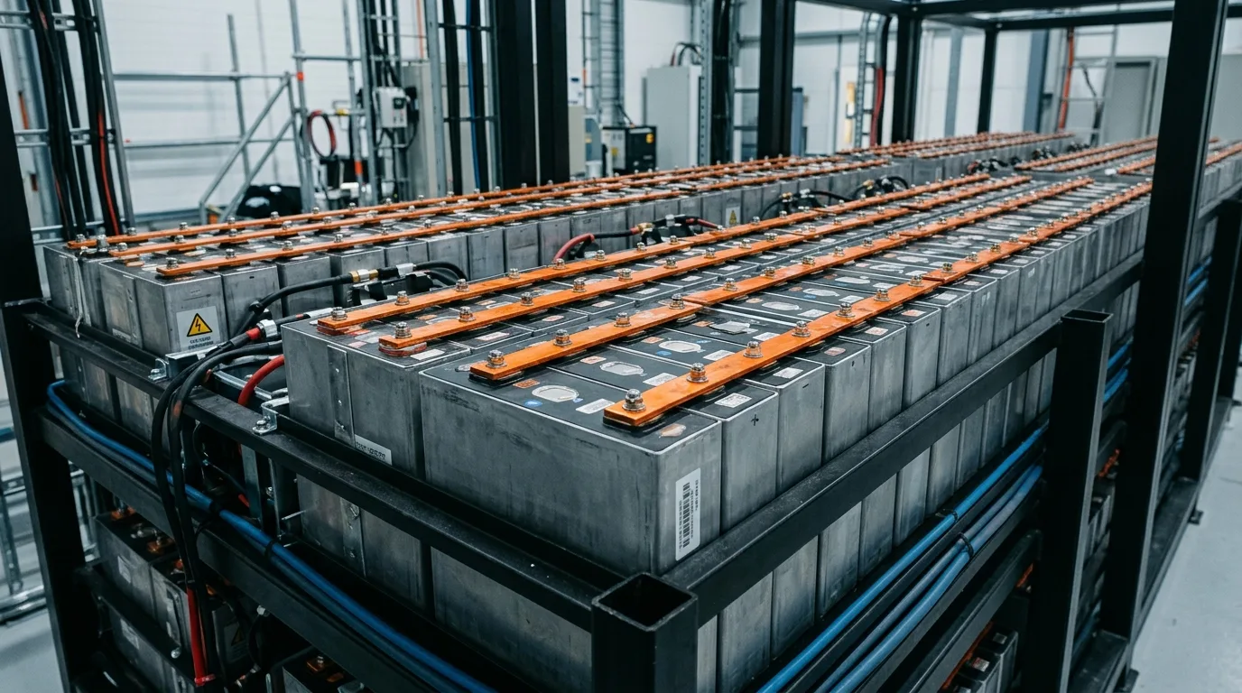 Tværsnit af battery rack med prismatiske LFP-celler i ordnet matrix