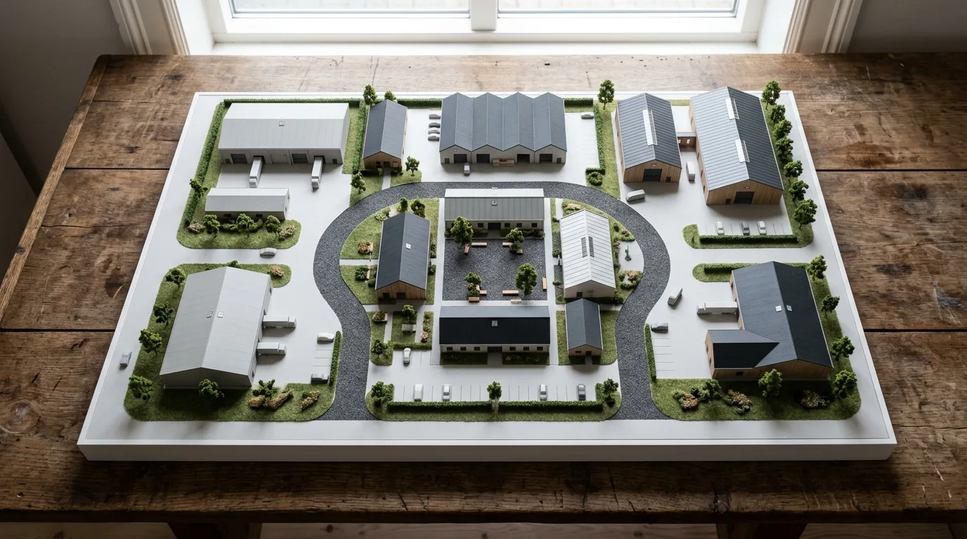 Diagram-kort over en lille industripark med farvekodede strømføringer mellem bygninger