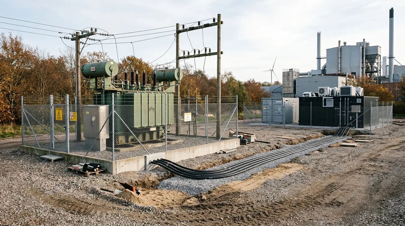 Transformer-station med ny tilslutning og kabler ud til batteri-container