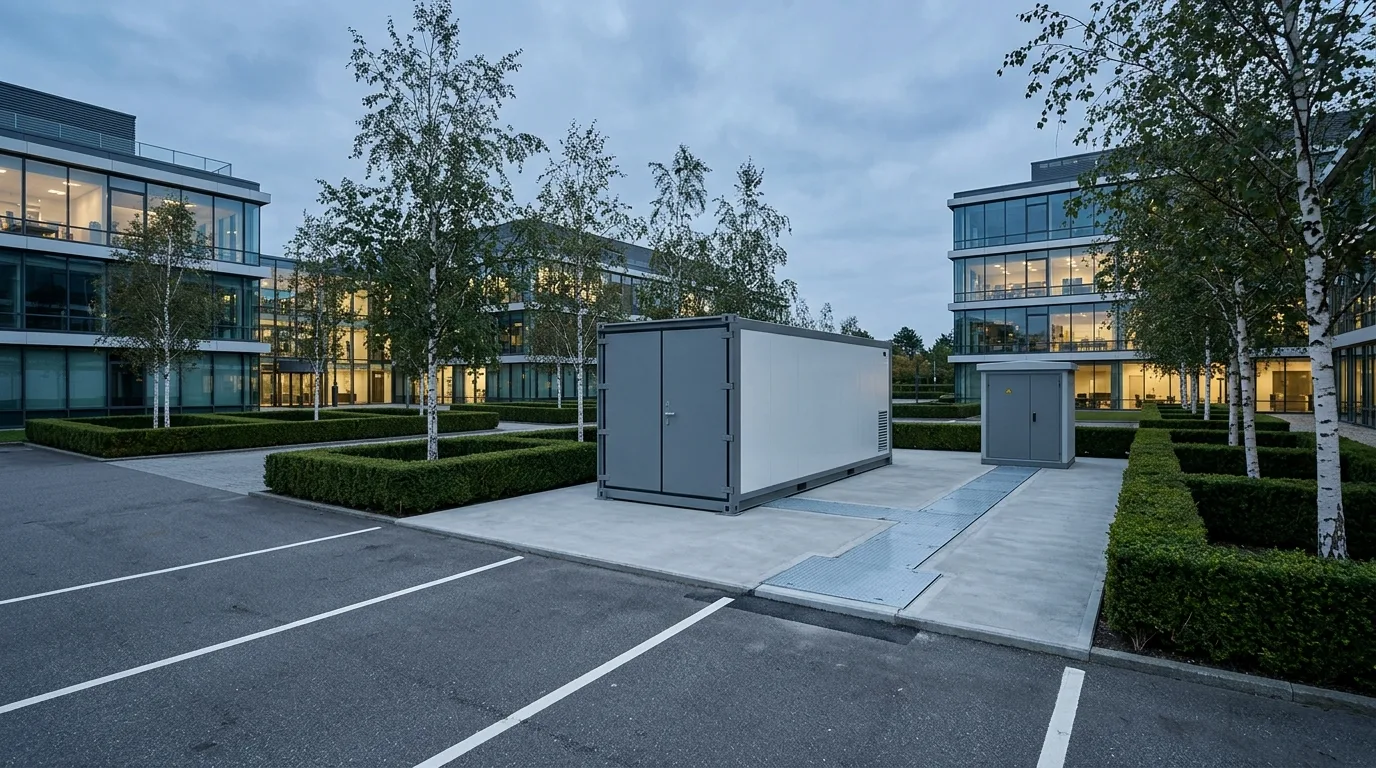 Batteri-container i moderne erhvervsbygnings-park ved finansieret turnkey-anlæg