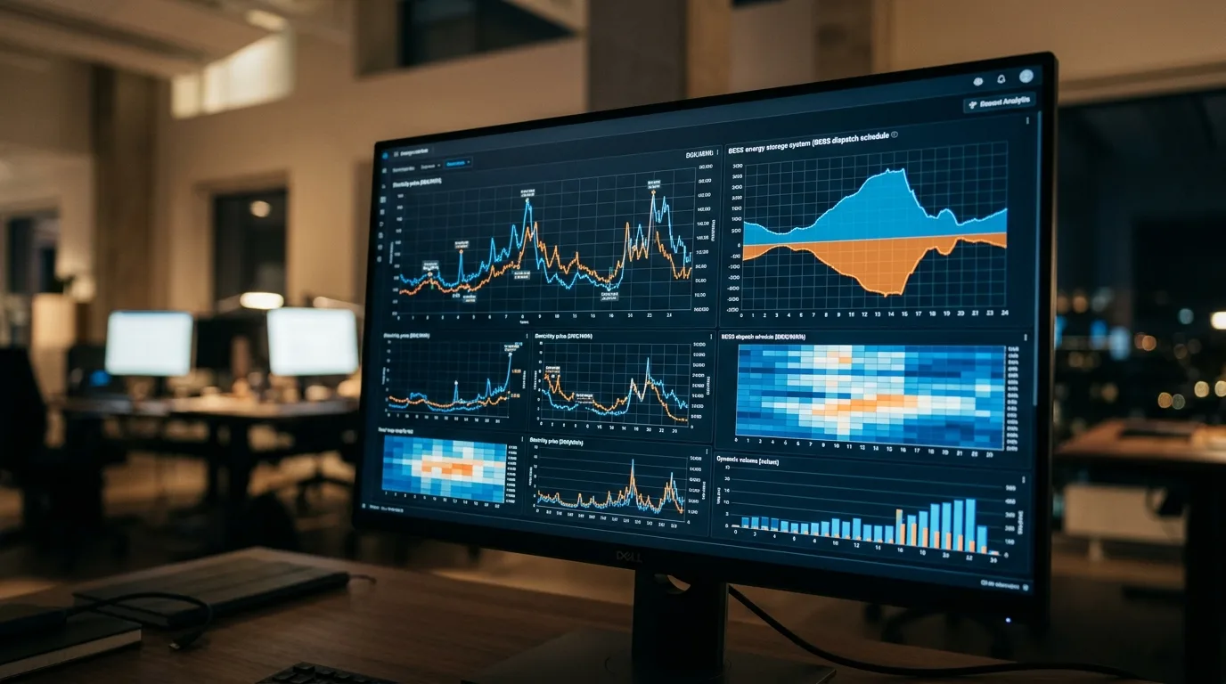 Energimanagement-software dashboard med graf over markedspriser og batteridrift