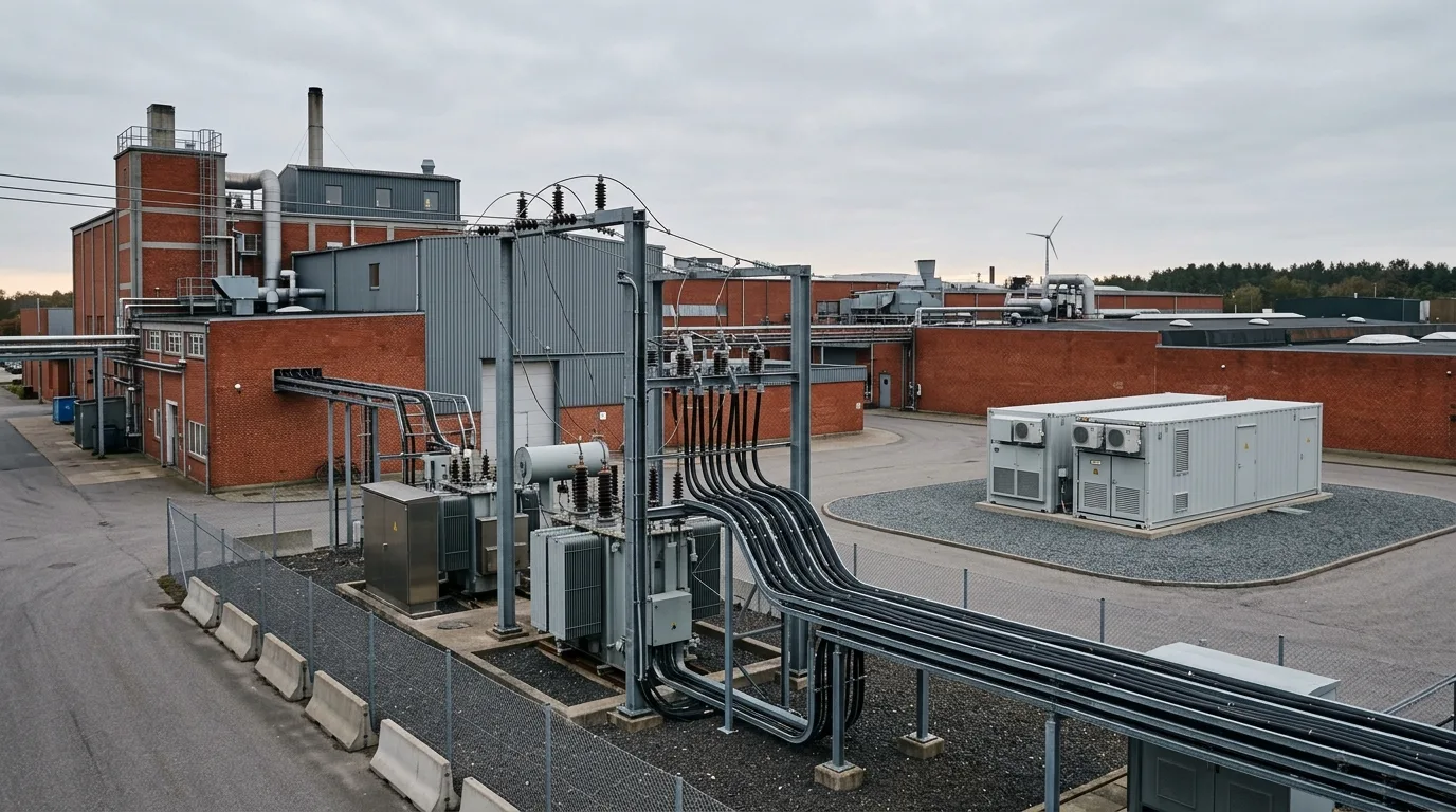 Industriel produktionshal med transformerstation og batteri-container i baggrunden
