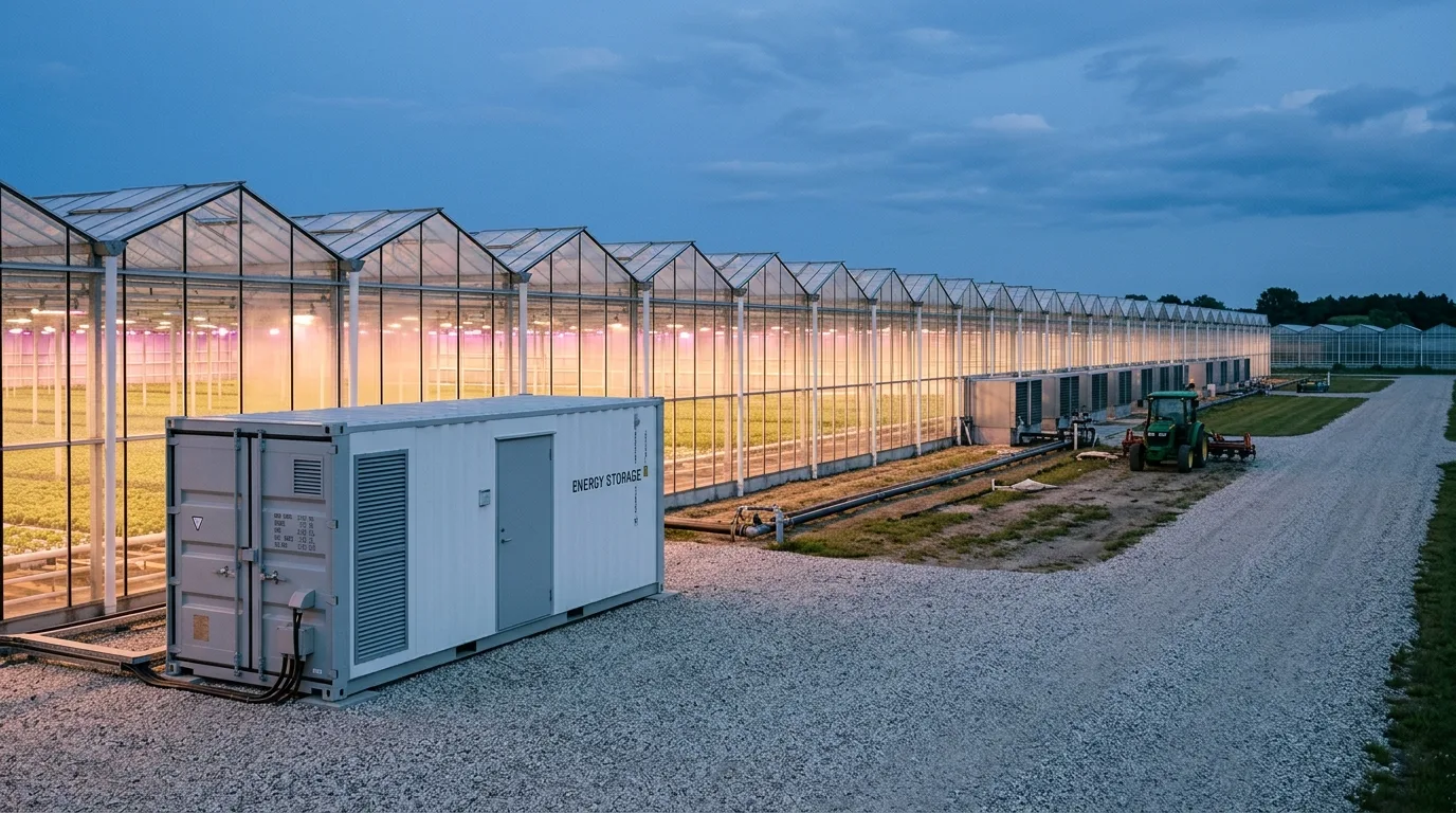 Batteri-container ved dansk gartneri og væksthus med solpaneler