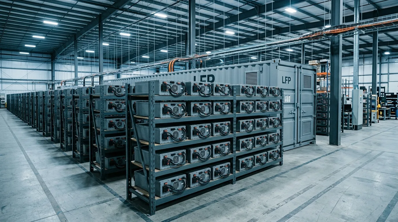 Stak af batteri-moduler i container hos dansk industri-leverandør