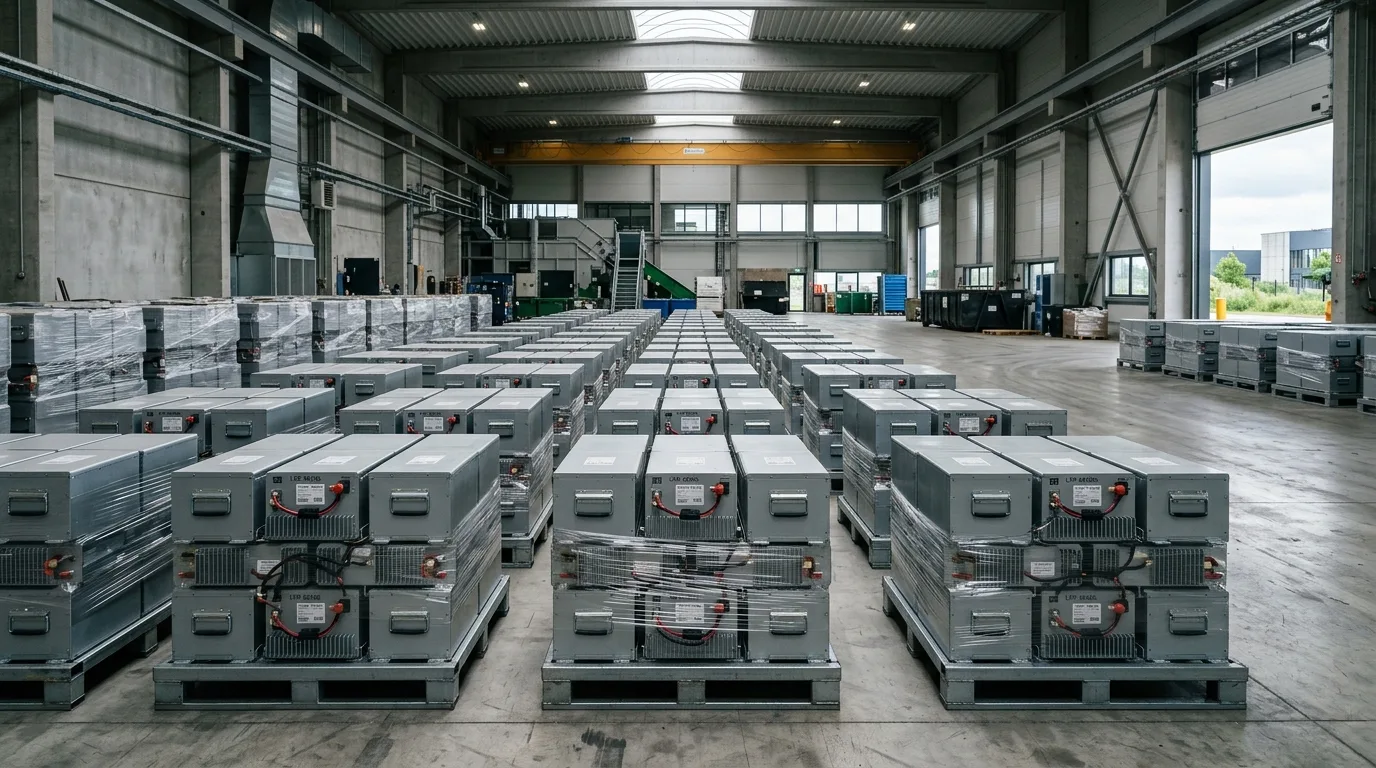 Stak af demonterede LFP-batterimoduler ved dansk recycling-anlæg