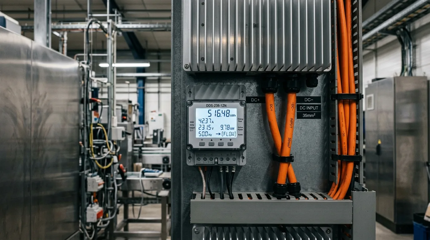 Energimåler med digital aflæsning ved DC-AC inverter på erhvervsbatteri