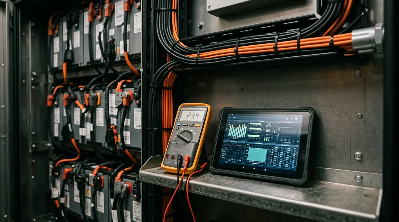 Service-tekniker kontrollerer kabelforbindelser i batteri-container